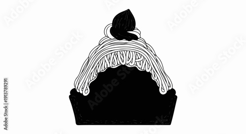 Monochrome stylized illustration of a dessert with swirled cream and topping