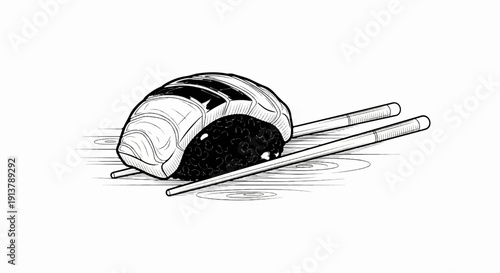 Monochrome sketch of a salmon sushi roll with chopsticks on a wooden surface