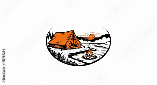 Orange tent beside campfire near lake with sunset over mountains