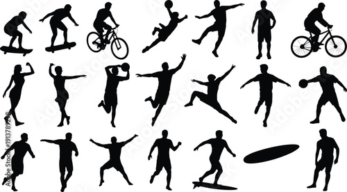 Active people sport silhouettes collection, athletes running, cycling, skateboarding and playing basketball, dynamic action vector illustration isolated on white background