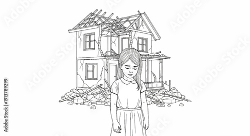 Sad young girl stands before a destroyed home
