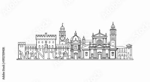 Line drawing of a cityscape with domed buildings, towers, and crenellations
