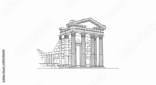 Line drawing of a classical temple facade with partial ruins