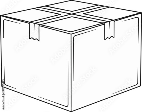 Line drawing of a closed cardboard box with tape sealing the top flaps
