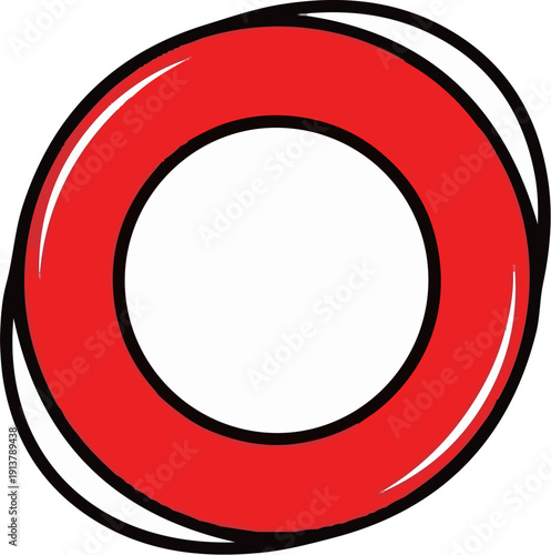 Red circular flotation device with black outline and white highlights