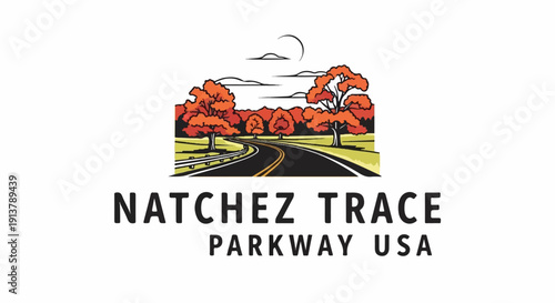 Scenic roadway winds through autumn trees under a crescent moon and clouds