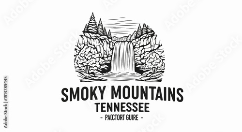 Scenic waterfall amidst rocky cliffs and evergreen trees, with text below