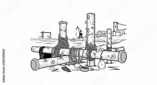 Rough pipes and ropes on a dock with industrial elements in background