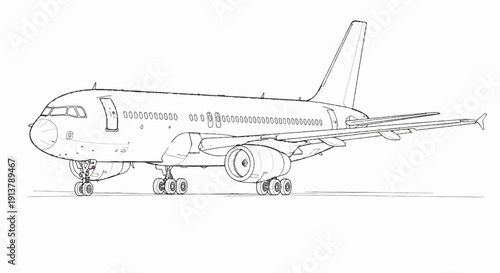 Line drawing of a commercial jet airplane on the ground