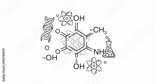 Scientific icons DNA, molecules, atoms, and a flask