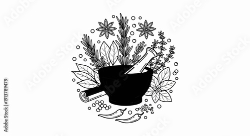 Mortar and pestle surrounded by herbs, spices, and chilies