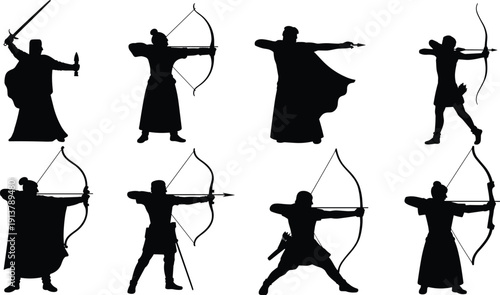 Archer silhouettes set, medieval and fantasy bowmen aiming with bow and arrow in different poses, warrior vector illustration isolated on white