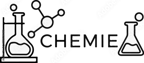 Scientific icons with chemical flasks and a molecular structure