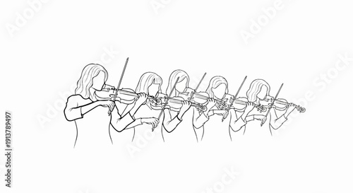 Line drawing of a group of women playing violins in unison
