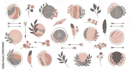 Boho vector collection featuring abstract peach and charcoal circles, delicate floral branches, feathers, and arrows, isolated on a white background for branding.