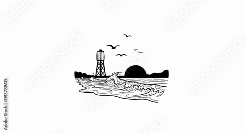 Seaside scene with a water tower, crashing waves, and birds at sunset