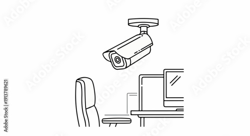Security camera watches over an office desk with a computer and chair