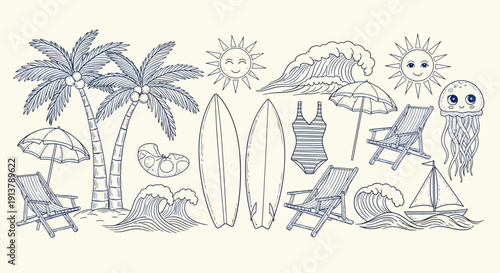 Hand-drawn vector illustration set featuring summer beach elements like palm trees, surfboards, ocean waves, suns, jellyfish, lounge chairs, and umbrellas, isolated on a light cream background.