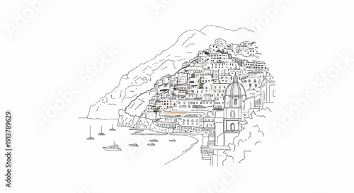 Seaside town on a steep hill with boats in the bay