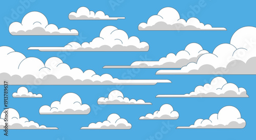 Vector illustration of a clear blue sky with various fluffy white and gray cartoon clouds floating horizontally, ideal for background or web design.