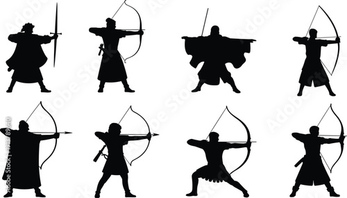 Archer warrior silhouettes collection, medieval bowmen aiming with bow and arrow in battle poses, fantasy character vector illustration isolated on white