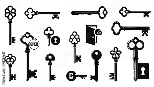 Assortment of antique keys and locks arranged in a collage on a plain background