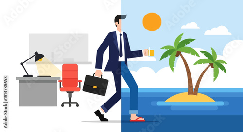 Vector illustration depicting a businessman transitioning from a corporate office setting with a desk and chair to a tropical beach island with palm trees and ocean