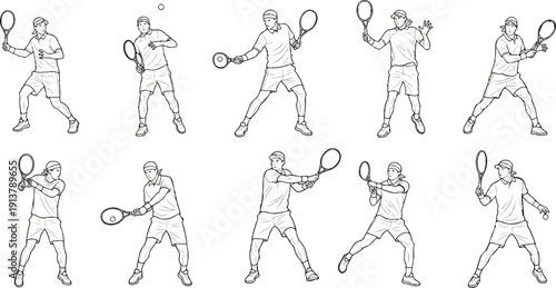 Sequence of tennis player actions hitting ball, ready stance, serving, volleying