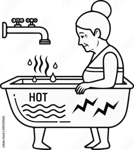 Person relaxing in a hot bath with steam rising and water dripping from faucet