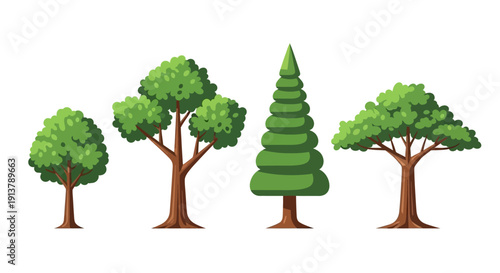 Vector illustration set featuring four distinct green deciduous and coniferous trees with brown trunks, isolated on a transparent background for graphic design resources.