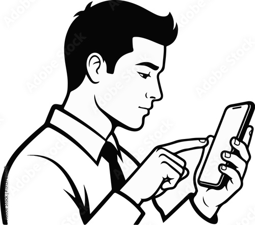 Man in shirt and tie uses smartphone, with finger touching screen