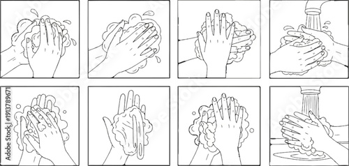 Sequence of illustrations depicting hands being washed and lathered with soap