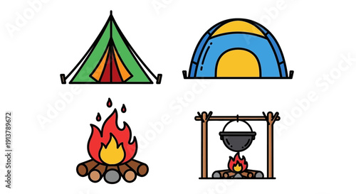 Vector illustration set featuring two distinct camping tents, a vibrant campfire with burning logs, and a cooking pot suspended over flames, isolated on a white background.