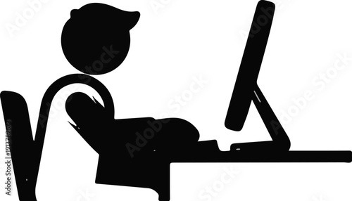 Person seated at desk using a computer, depicted in a black silhouette