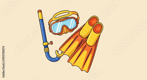 Vibrant vector illustration of orange and yellow snorkeling fins, a blue snorkel, and an orange diving mask with light blue lenses, isolated on a transparent background.