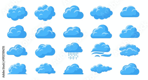 Vector illustration set of fluffy blue cartoon clouds with varying shapes and a rain effect, isolated on a white background, suitable for weather icons or UI elements.