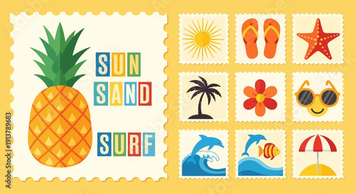 Tropical summer vacation vector stamp collection featuring a pineapple, sun, flip-flops, starfish, palm tree, flower, sunglasses, dolphins, and beach umbrella on a textured yellow background.