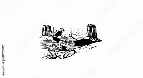 Mountain biker rides through a desert landscape with mesas and a sunrise