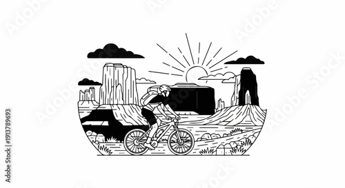 Mountain biker rides through a desert landscape at sunrise, with rock formations