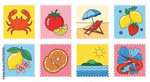 Vector illustration set of eight colorful postage stamps depicting summer vacation elements like crab, tomato, beach, lemons, orange, ocean, and shrimp.