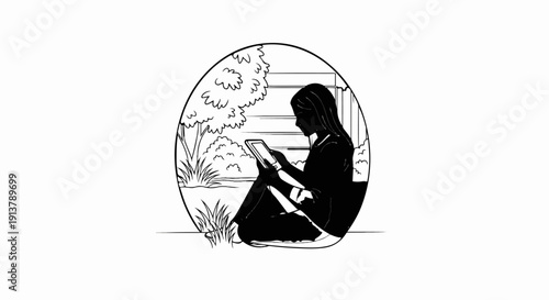 Person silhouetted, sitting outdoors and using a tablet, with plants