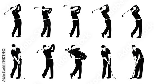 Vector silhouette sequence illustrating a male golfer performing various golf swings and putting actions, isolated on a transparent background.