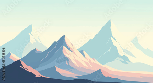 Serene mountain range with peaks bathed in soft, warm light under a pale sky