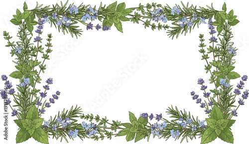 Floral frame with blue flowers and green leaves surrounding an empty space, viewed from directly above
