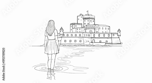 Person standing in water, looking at a large, old fortress by the sea