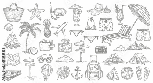 Monochrome vector sketch collection of summer travel and beach vacation elements, including a palm tree, airplane, swimsuit, and luggage, isolated on a white background.