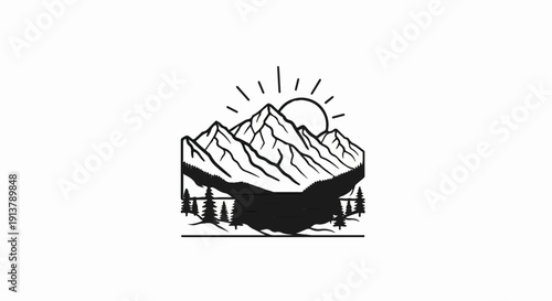 Mountain range reflected in a lake at sunrise with pine trees