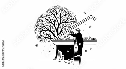 Man on ladder cleaning gutters filled with leaves under a bare tree