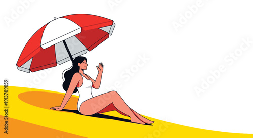 Vector illustration of a woman in a white swimsuit relaxing under a red and white striped beach umbrella on a golden sandy slope, isolated on a white background.