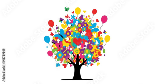 Vibrant vector illustration of a stylized tree with a canopy composed of colorful flowers, butterflies, hearts, and balloons, isolated on a transparent background.